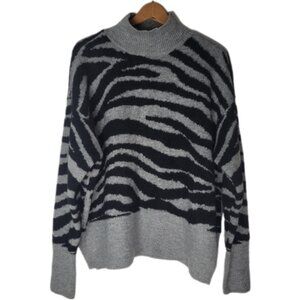 Nine West sweater mock neck‎ zebra print dolman sleeves women size Lg grey black